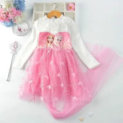 Детская одежда для девочек; платье принцессы с длинными рукавами; кружевное платье с рисунком для девочек; От 4 до 8 лет - Цвет: Y04-pink