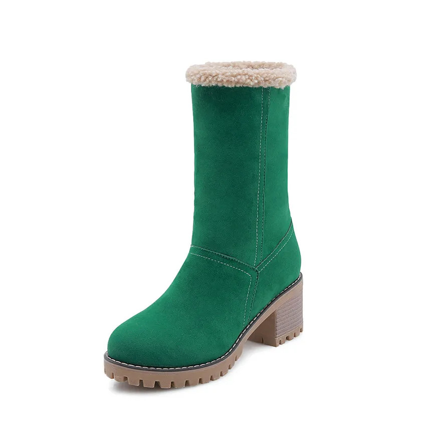 QUTAA/ г. Женские ботинки до середины икры модные Универсальные флоковые зимние ботинки на высоком квадратном каблуке с круглым носком женские зимние ботинки размер 34-39 - Цвет: Зеленый