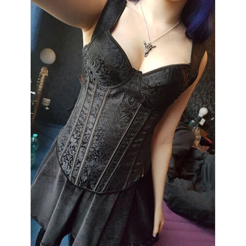 Black Zipper Gothic Steampunk Bustier Corset 6XL Women Brocade Lace Up Zipper Overbust Top Slimming Basque Waist Trainer Corset (8)