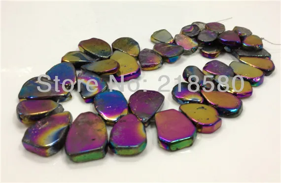 

H-TB15 Rainbow Titanium Quartz Crystal Teardrop Shape Flat Slab Stone Pendant Beads