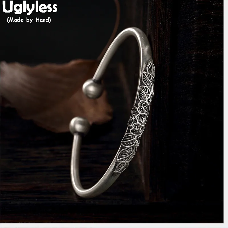 Uglyless Настоящее твердое серебро 999 ручной работы полые браслеты с цветами для женщин винтажный тайский Серебристый браслет открытые шарики