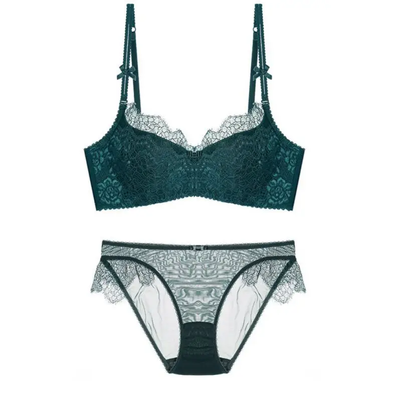 

Ladies Sexy Lingerie Thin Lace Eyelashes Push Up Half Cup Gathered Bra + Underwear Set