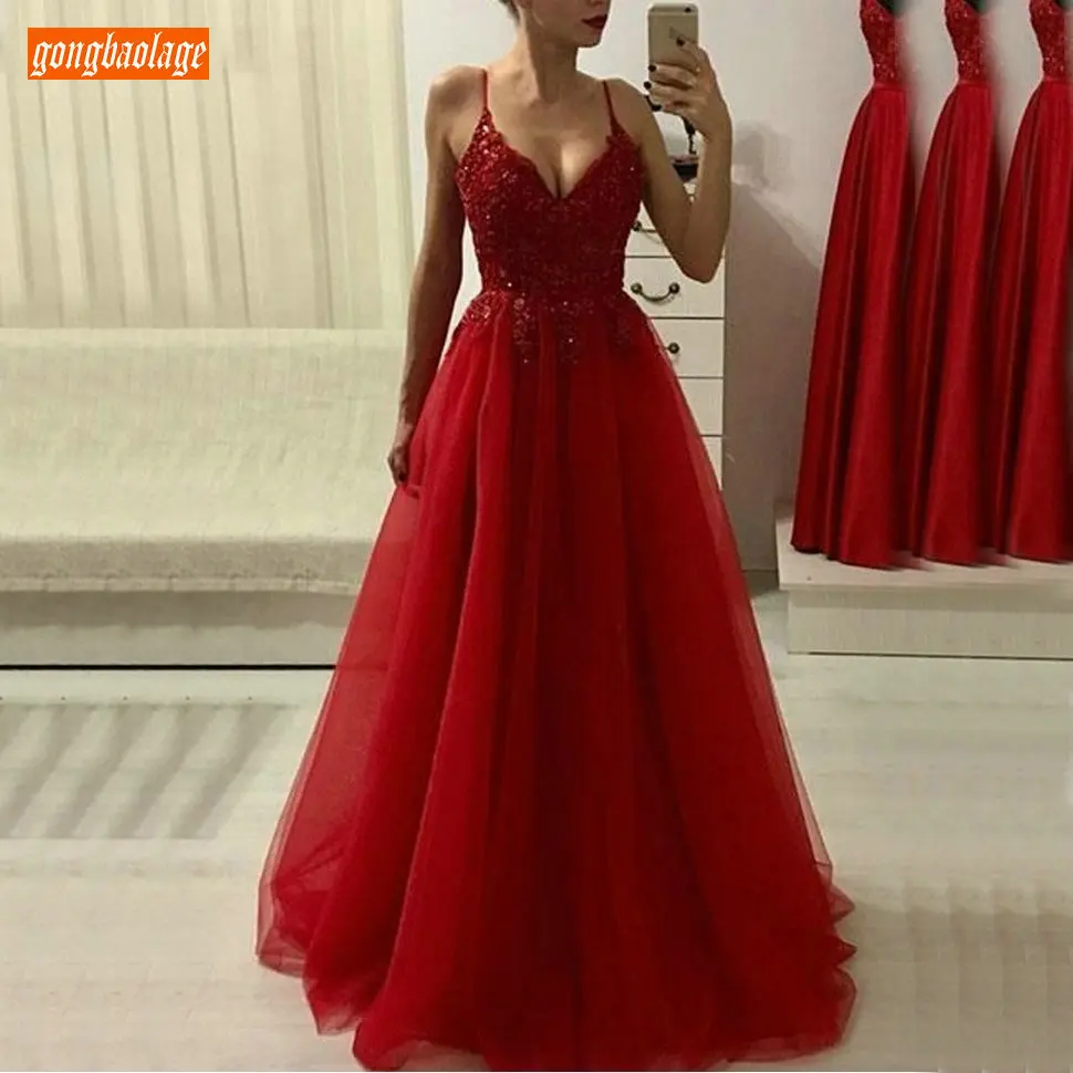 

Elegant Red Lace Top Customized Evening Dresses 2020 New Spaghetti Strap Tulle A-Line Women Formal Dress Long Evening Party Gown