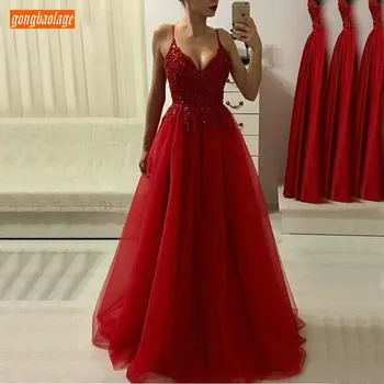 

Elegant Red Lace Top Customized Evening Dresses 2020 New Spaghetti Strap Tulle A-Line Women Formal Dress Long Evening Party Gown
