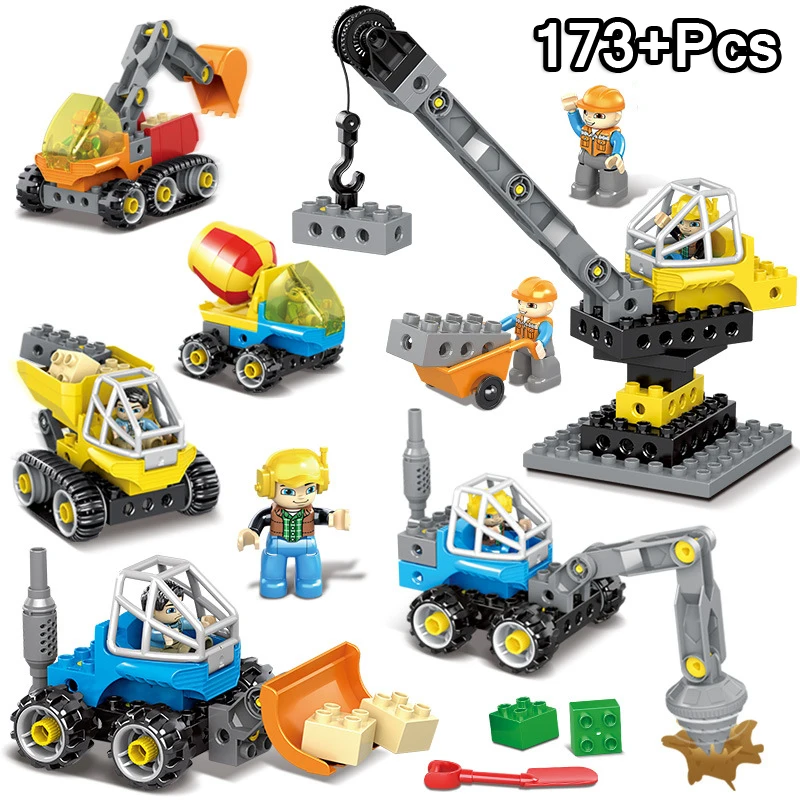 

173Pcs DIY Large Particles Engineering Excavator Crane Building Blocks Compatible Brand Duploe City Construction Vehicles Toys