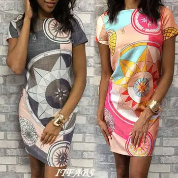 

Women Summer O Neck Short Sleeve Vintage Printed Pattern Patchwork Shift Dress Ladies Loose Mini Short Dress