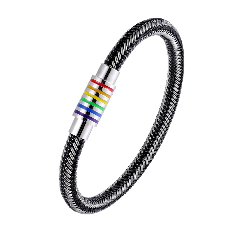 

Unique Designer Black/White Genuine Braided Bracelet Men Stainless Steel Gay Pride Rainbow Magnetic Charms Bracelet Women Gift