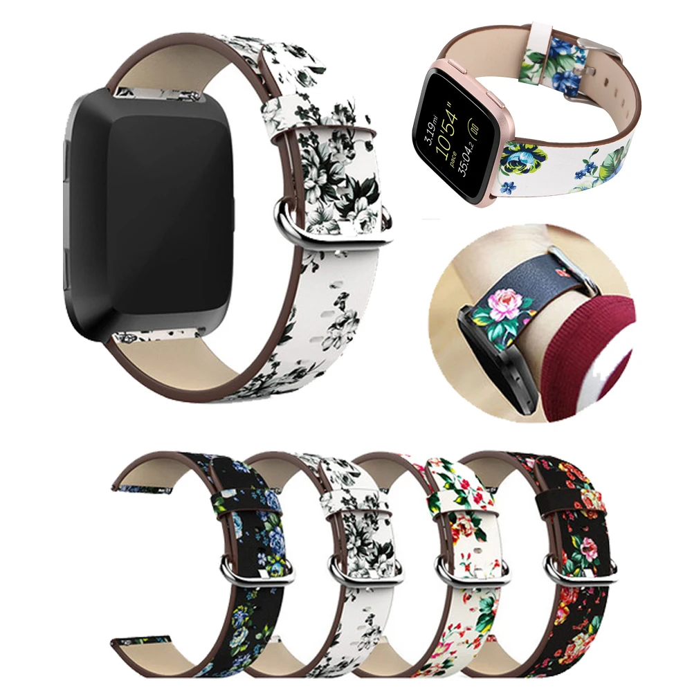 

Replacement Watch bands Leather peony Print wrist Watchband Flower Strap Bracelet Belt for fitbit versa Smart Watch wristband