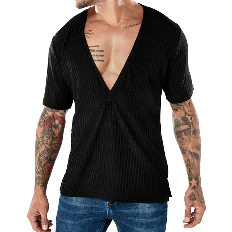 

HEFLASHOR 4 Colors Brand New Sexy Deep V-neck Men T-shirts Fashion Men Cotton Solid Short Sleeves Casual Slim Clothing