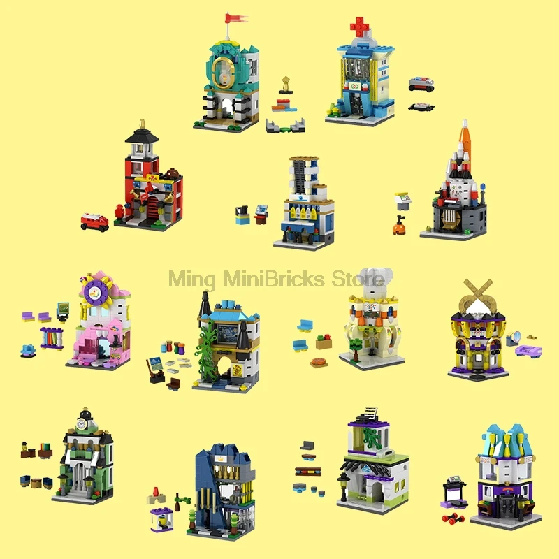 City Series Moc Creator DIY scene Street View Castle City center hospital villa game hall cafe church Model Blocks set Kids toys
