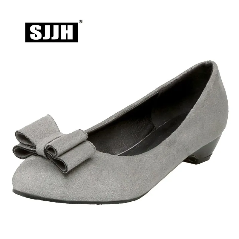 

SJJH Woman Flock Pumps with Round Toe and Low Wedges Bowtie Comfortable Footwear Fashion Casual Sweet Shoes Large Size A027