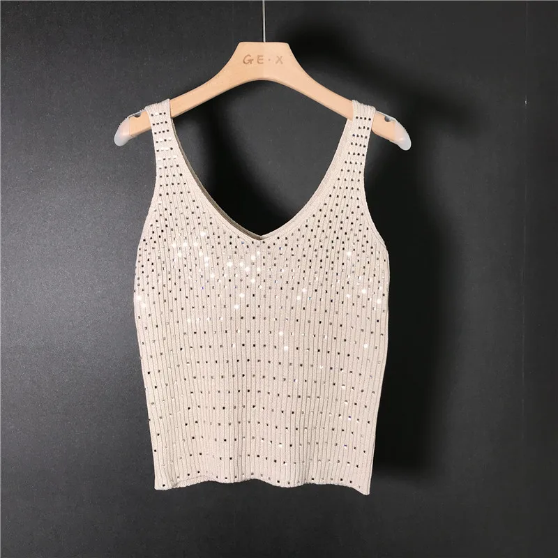 

women knitted camis summer sleeveless deep v-neck backless sexy camisole ladies glass Rhinestone shiny glitter night club tops