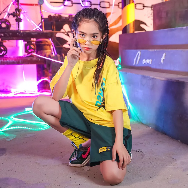 Children Hip Hop Dance Costumes Kids Street Dance Clothing Yellow Tshirt Green Shorts Girls Dancewear Stage Outfit (10)