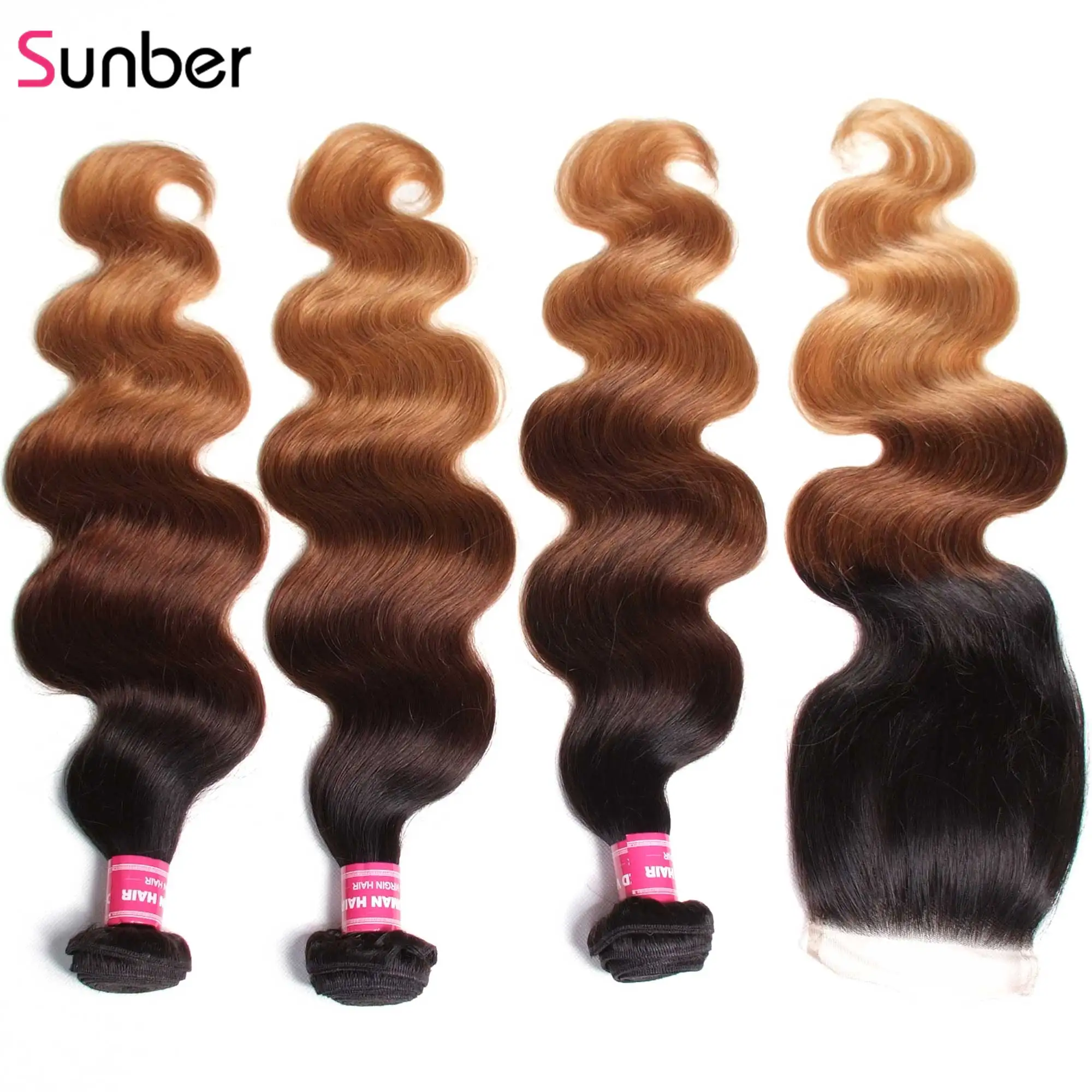 Sunber Hair 3/4 Ombre пряди с закрытием Remy человеческие волосы для наращивания 16-26 дюймов T1B/4/27 Pervuian пряди волос с закрытием