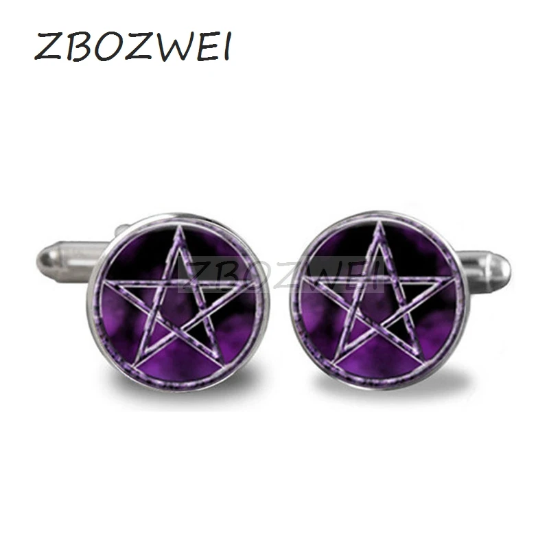 

fashion handmade Cufflink Bestselling purple Pentagram Japan Wiccan Charm personality glass High Quality Cufflinks jewelry gift