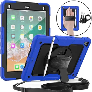

For iPad Air 2 Case 360 Rotating Hand Strap Shoulder Strap Shockproof Case Built-in Screen Protector Cover for iPad 9.7 2018
