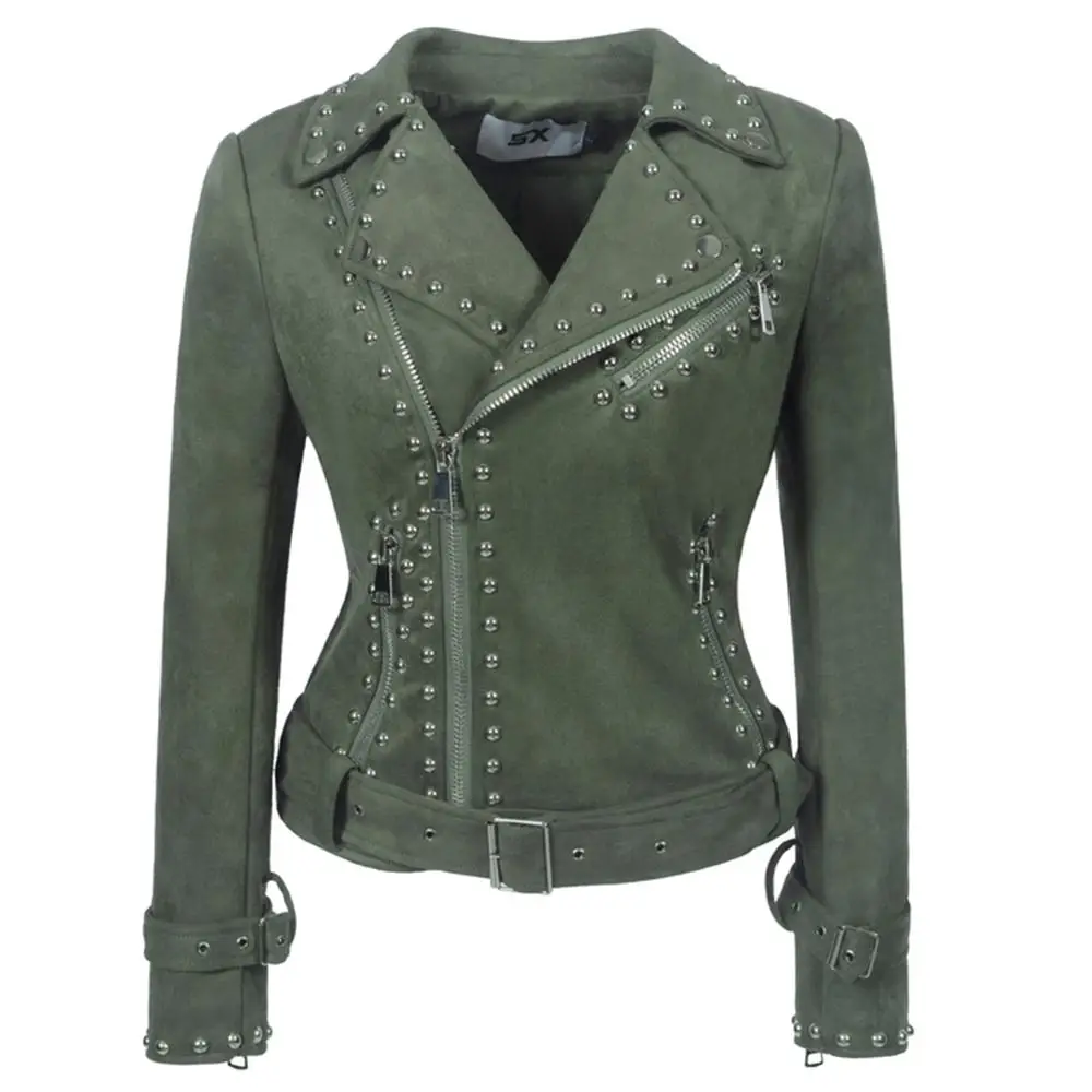 

SX 2019 winter and autumn Belt Rivet Gothic fashion Motorcycle Jacket pink deerskin velvet jacket