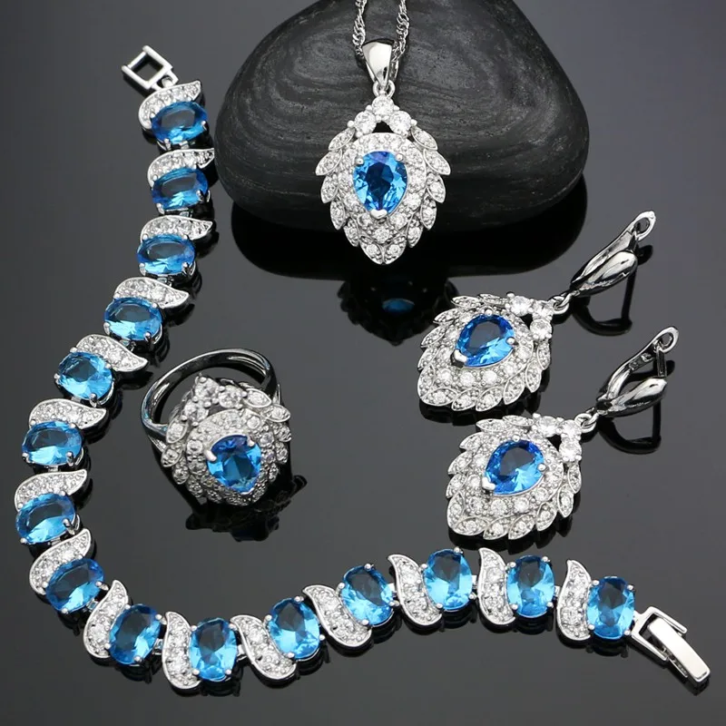 

925 серебряные Свадебные Ювелирные наборы для женщин Свадебные аксессуары небесно-голубые серьги с фианитом Подвеска Ожерелье Кольцо Браслет