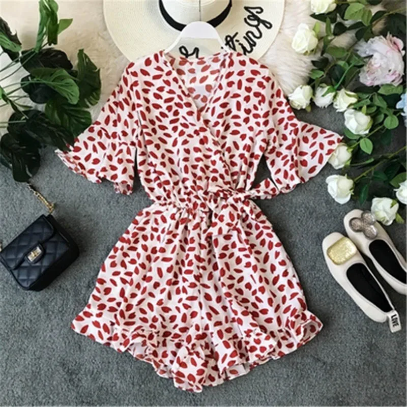 Red Style Three Богемные летние пляжные женские комбинезоны, Элегантные Свободные Комбинезоны с растительным принтом, Сексуальные вечерние шифоновые Комбинезоны с v-образным вырезом - Цвет: Red Style Three