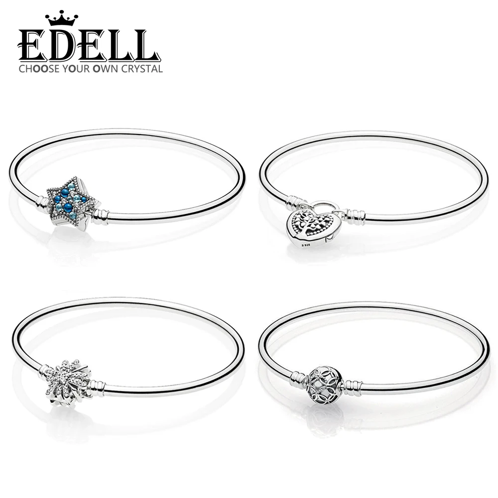 

EDELL 100% 925 Sterling Silver MOMENTS BANGLE WITH TREE OF LOVE CLASP Shining Star Cuff Bracelet Dazzling Fireworks Bangle