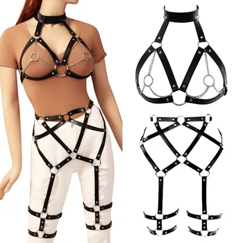 

Leather Harness Garter Sexy Lingerie Set Black Waist Leg Bondage Bra Goth Adjust Tops Hollow Out Festival Rave for Women