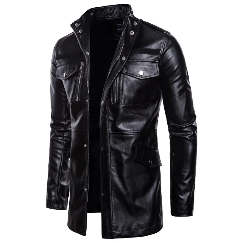 

Autumn and winter men's leather jacket motorcycle long black windbreaker windproof PU leather jacket Stand collar coat