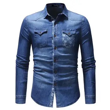 

Denim Shirt Men's Clothing Leaf print Pocket decoration Long sleeve Jeans Shirt Men Blouse Blue