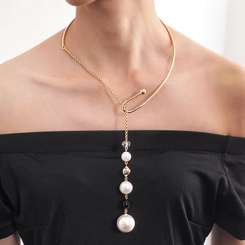 

MANILAI Imitation Pearl Long Pendant Necklaces For Women Punk Choker Statement Necklace Geometric Alloy Torques Fashion Jewelry