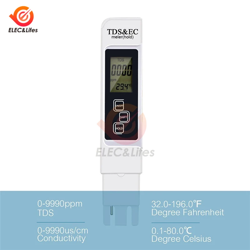 Water Tester Portable TDS EC Meter Temperature Tester pen 3 In1 Function Conductivity Filter Measuring Water Quality Purity Tester 0-9990ppm