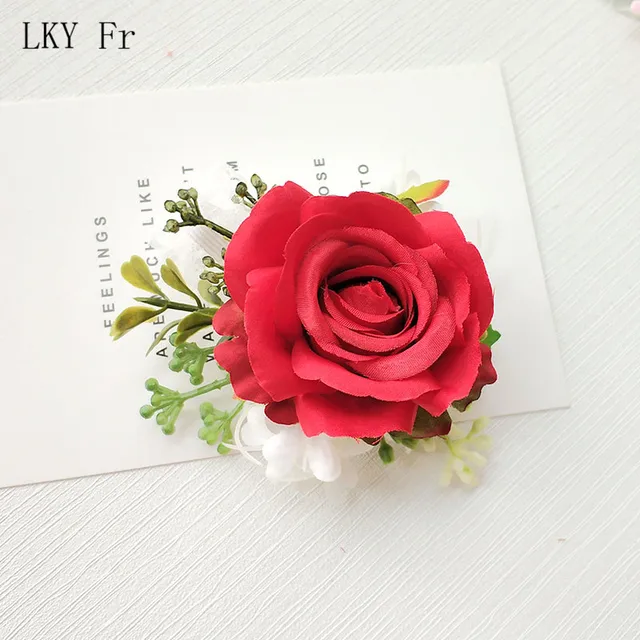 LKY Fr Boutonniere Flowers Corsage Pin Boutonniere Buttonhole Men Wedding Bracelet Bridesmaid Wedding Buttonhole Witness Corsage Red Bracelet Flower