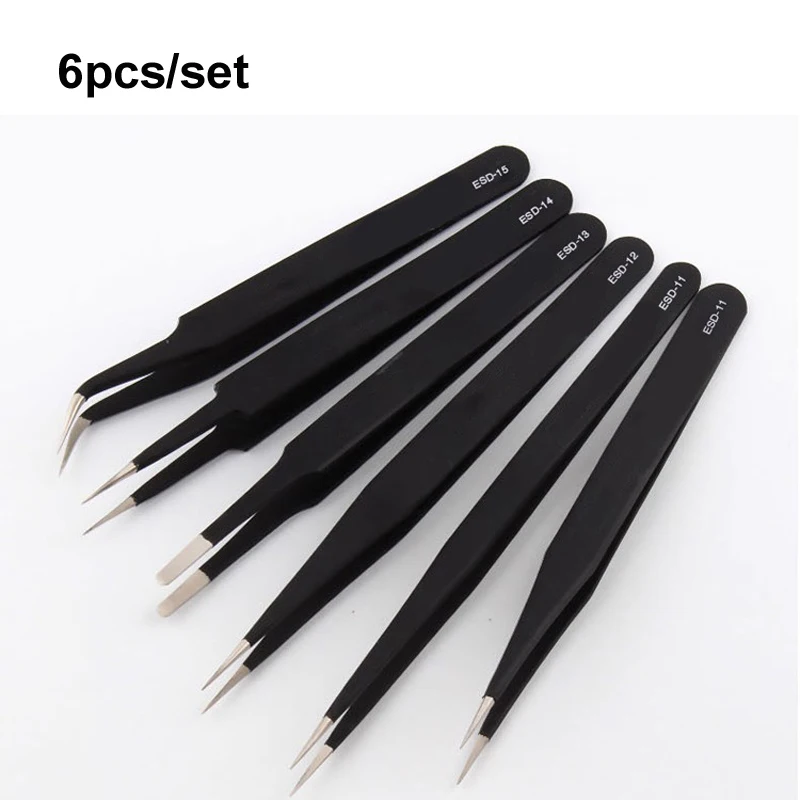6pcs/set Safe Anti-static Tweezers Diy Tweezers ESD Electrician Tools Set Maint Repair Hand Tool