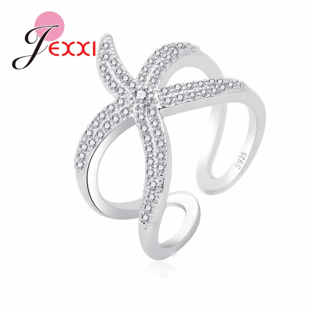 JEXXI Newest Original S90 Silver Adjustable Ring Big Starfish Paved Shiny White Crystals Opening Rings Women Accessory