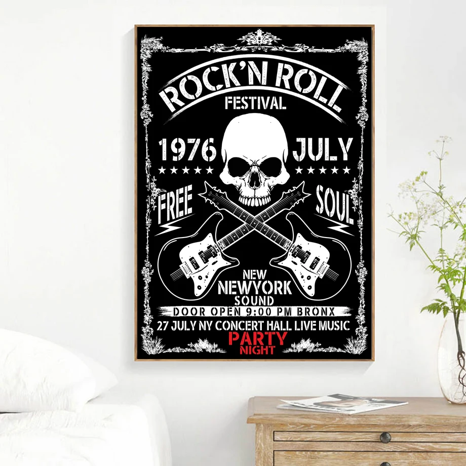 Tengkorak Rock N Roll Pesta Vintage Poster Dan Cetakan Pop Dinding