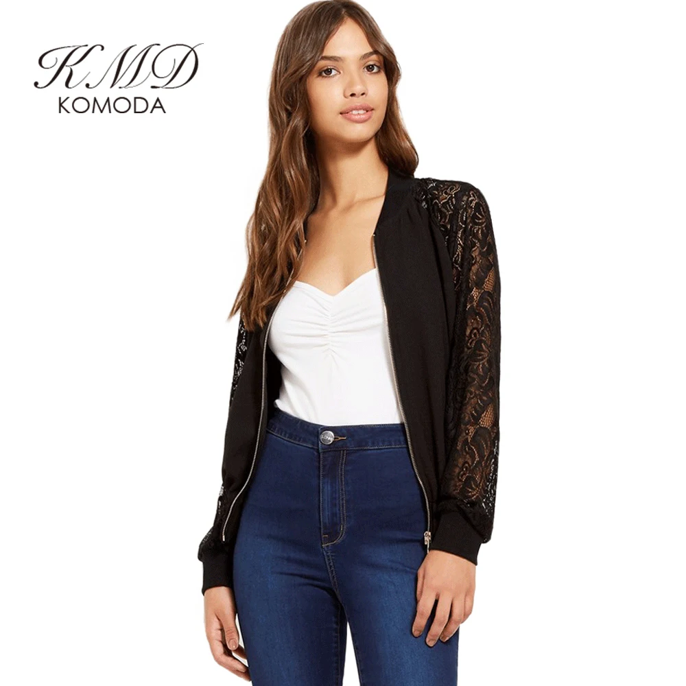 KMD KOMODA Lace Basic Jacket Coat Women Sheer Bomber Jacket Female Long