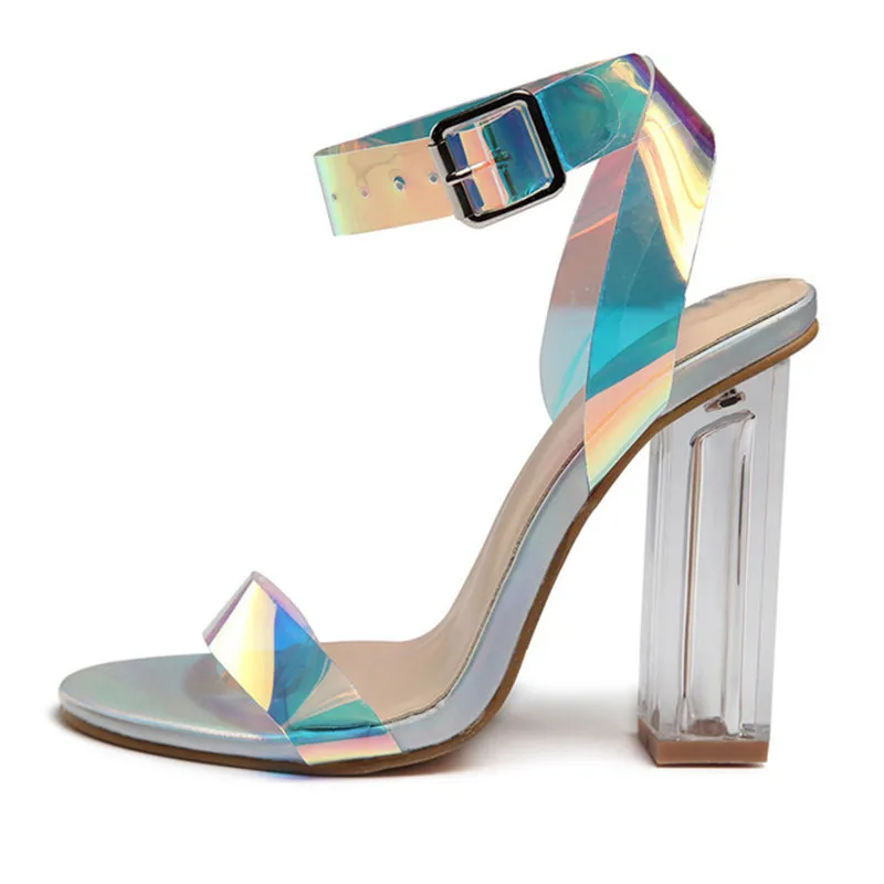 

2019 Women Sandals Shoes Celebrity Wearing Simple Style PVC Clear Transparent Strappy Buckle Sandals High Heels Shoes Woman