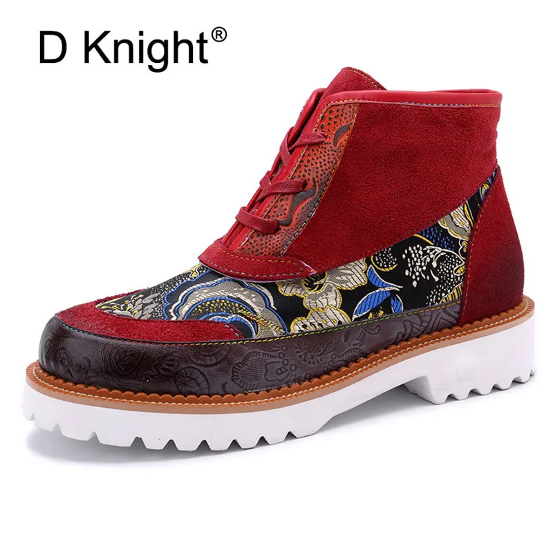 

D Knight New Outdoor Casual Women Boots Genuine Leather Print Ladies Ankle Snow Boots Handmade Women's Flats Embroidery Shoes