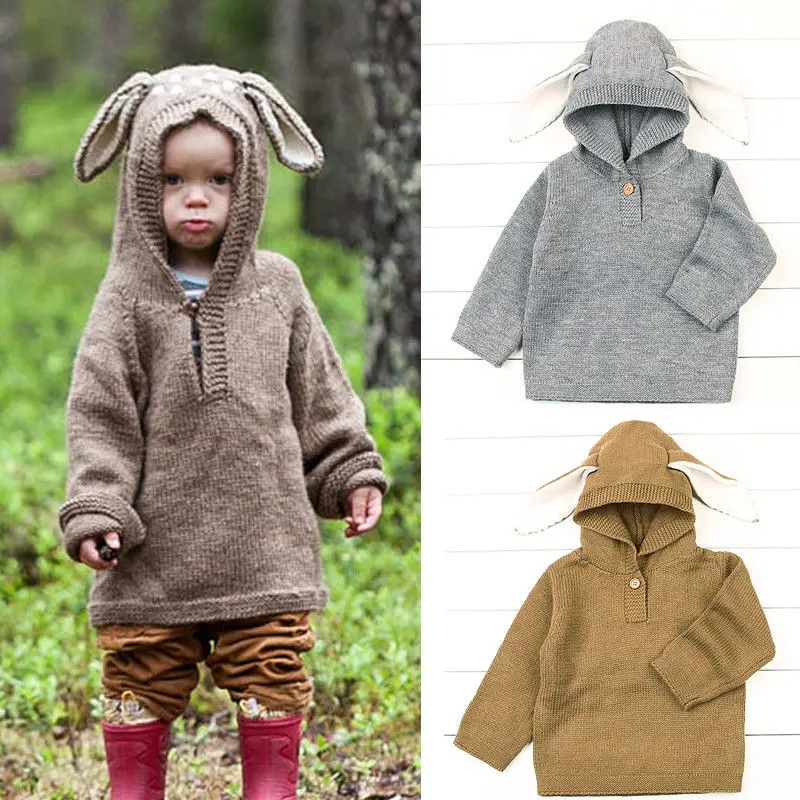 Cute Newborn Infant Girl Baby Bunny Ear Hooded Knitted Sweater Warn Winter Pullovers Crochet Tops Clothes 0-24M