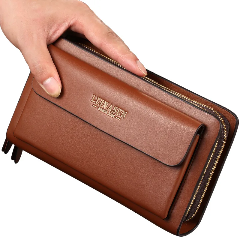 

LEINASEN Luxury Brand Men Wallets with coin pocket Double Zipper Male purse long Large Men Purse coin Clutch Bag Black Business