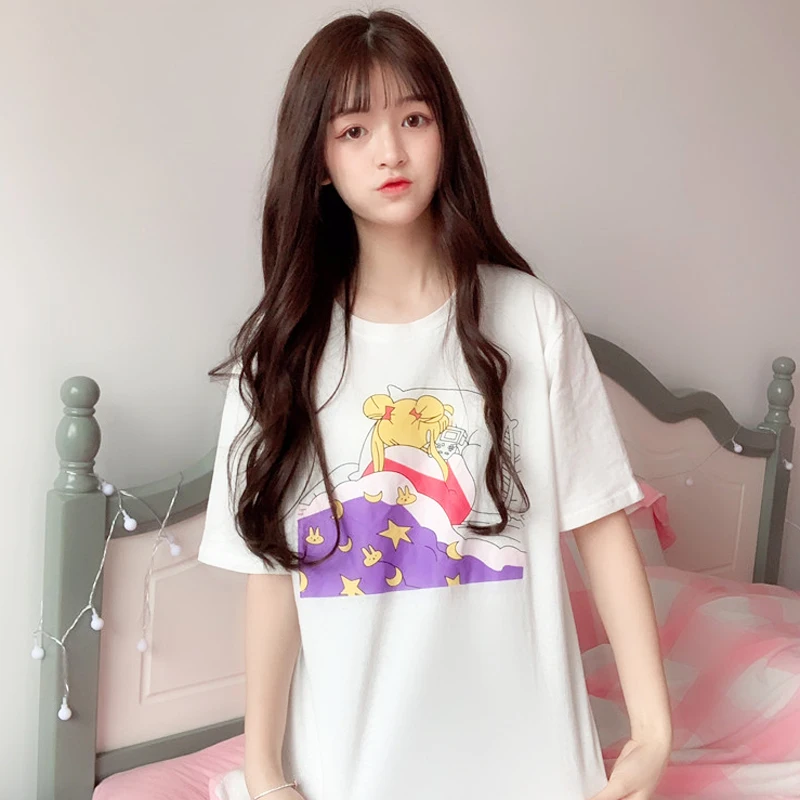 

2019 New Summer T-shirt Women Casual Cute Cartoon Print T-shirt Loose Round Neck Harajuku Sailor Moon Short Sleeve T-shirt #320
