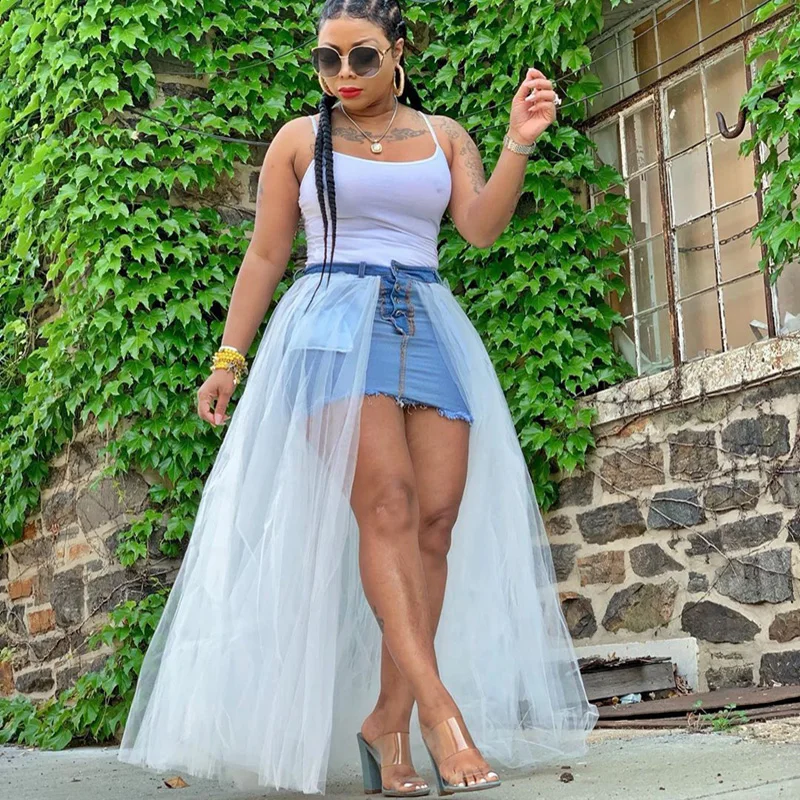 

Summer Tulle Tutu Skirt Women Patchwork Mesh High Waist Pencil Denim Skirt Button Front High Split Jeans Maxi Long Skirt A Line