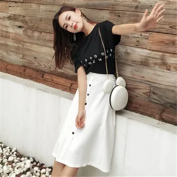 

French Yamamoto Style 2 Piece Set Women O-neck Pullover Black Tops With Letter Knee-length Single Breasted skirts Casual