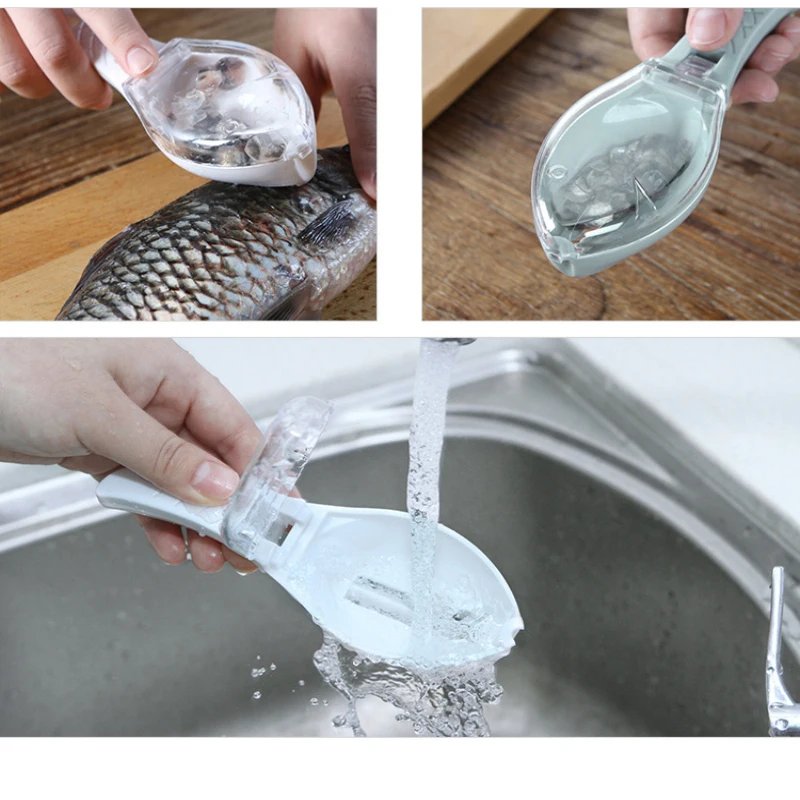 Design en forme de poisson Amity Écailleuse de poisson Brosse de pêche Outil de cuisine avec couvercle Éplucheur de poisson 
