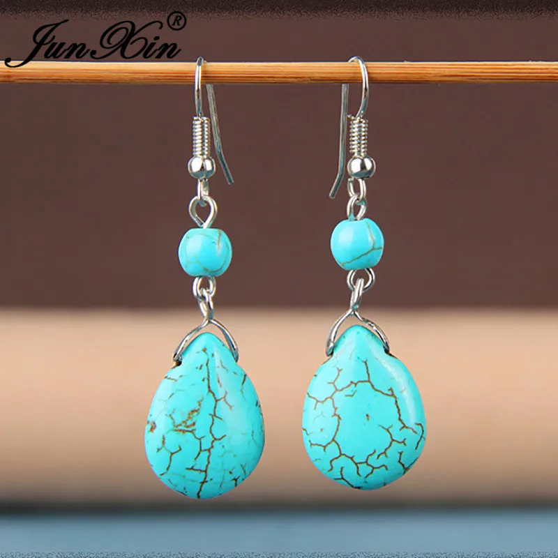 

JUNXIN Vintage Ethnic Water Drop Stone Long Dangle Earrings For Women Silver Metal Blue Red White Moonstone Drop Earrings Female