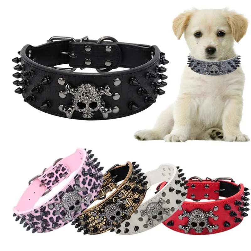 Dog Collar Sparkly Skull Head Rivet Collar Big Medium Dog Adjustable