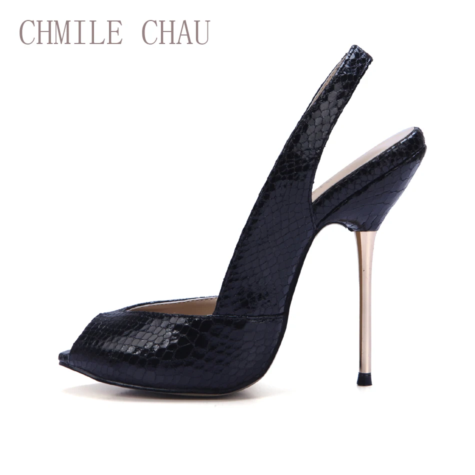 

CHMILE CHAU Snakeskin Sexy Women Party Pumps Peep Toe Stiletto Iron High Heel Slingback Ladies Shoes Chaussure Talons 3845-g10