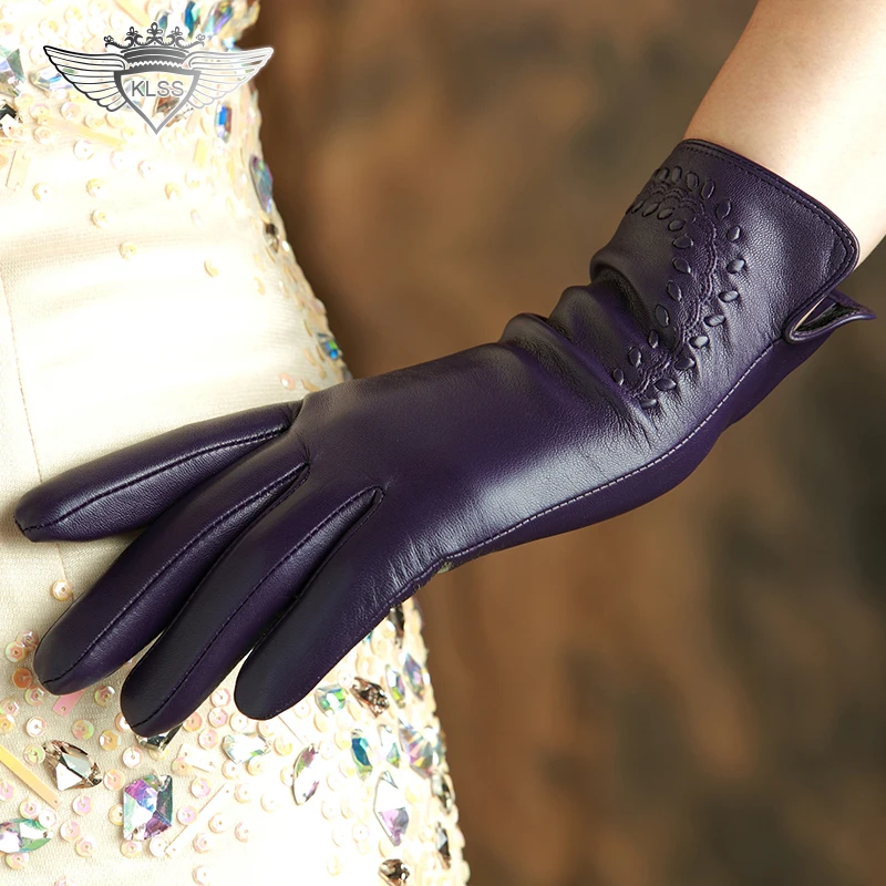 KLSS Брендовые женские перчатки из натуральной кожи, высококачественные перчатки из козьей кожи, осенне-зимние элегантные женские перчатки из овчины 2303