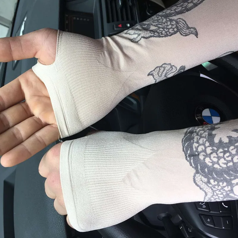 Мужские прохладные ледяной шелк китайский дракон Татуировка рукав солнцезащитный крем перчатки без пальцев женские длинные манжеты руки водительские спортивные перчатки армии G216