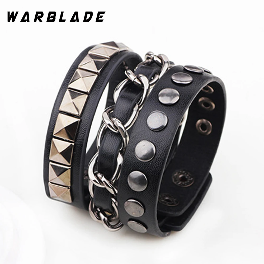 

New Black Men Genuine Leather Bracelet Hippie Style Rivet Braided Bracelets Bangle Punk Wrap Wristband For Male Jewelry WBL