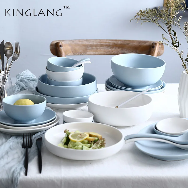 

KINGLANG Nordic Bule White Colors matte tableware set ceramic rice bowl salad dishes plates simple household dishes