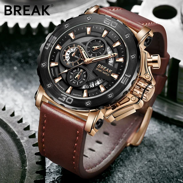 BREAK Top Luxury Brand Fashion Casual Watch Men Chronograph Quartz Military Genuine Leather Relogio Masculino Sport Wrist Watch 2